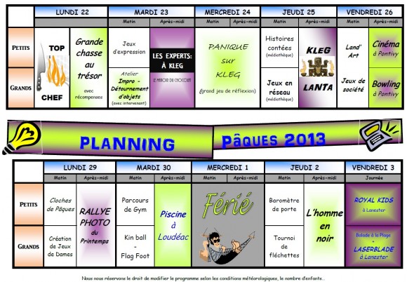 ASLH planning Pâques 2013